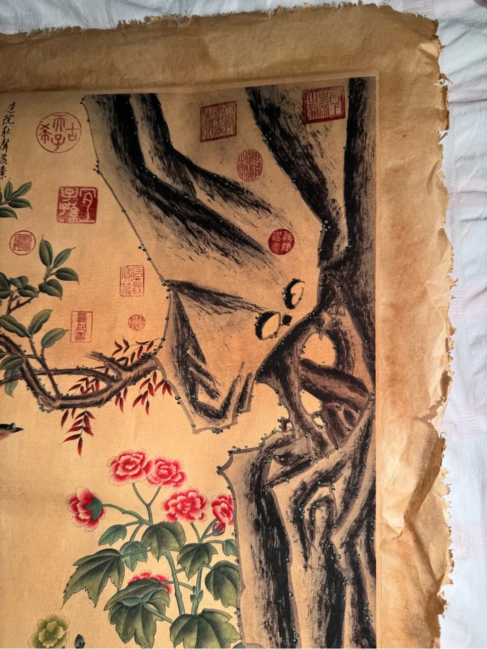 Old Antique Chinese Painting Scroll Flowers and Birds on Rice paper